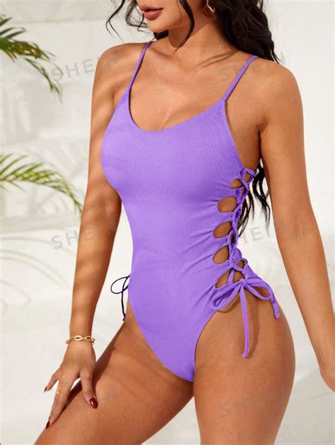 Shein Swim Summer Beach Lace Up Side One Piece Swimsuit Shein Usa