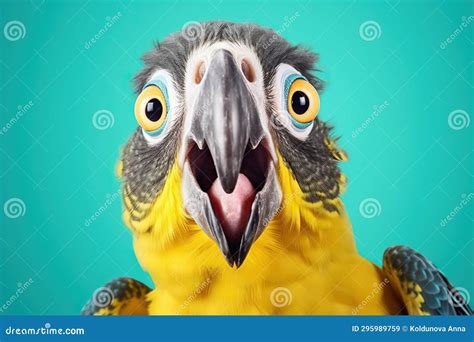 Studio Portrait Of Shocked Parrot With Surprised Eyes Stock