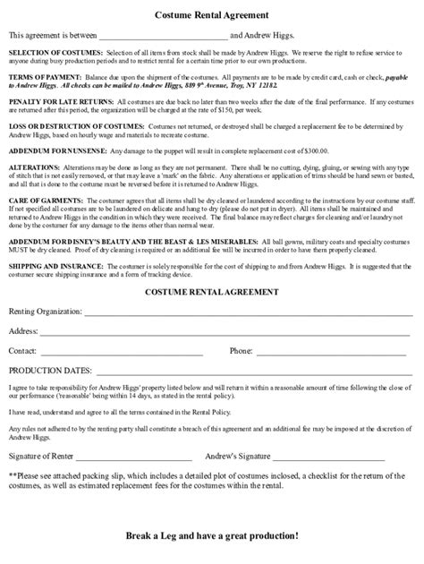 Fillable Online Costume Rental Agreement Fax Email Print Pdffiller