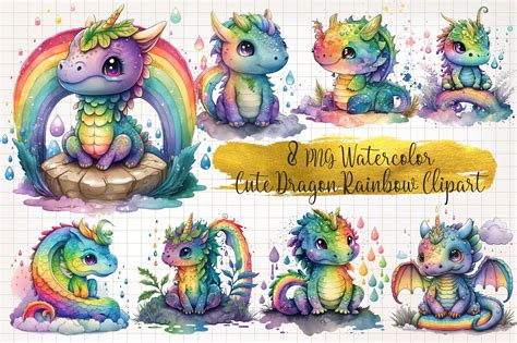 Cute Dragon Rainbow Watercolor Clipart Graphic By Watercolorarch