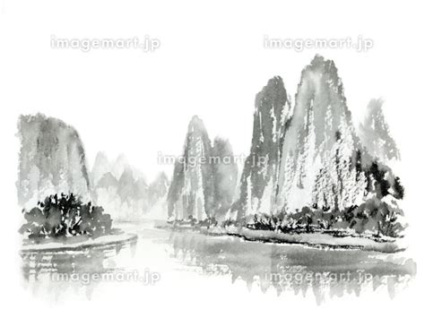 中国の山と湖の水墨画 山水画 墨絵のイラスト素材 169897088 イメージマート