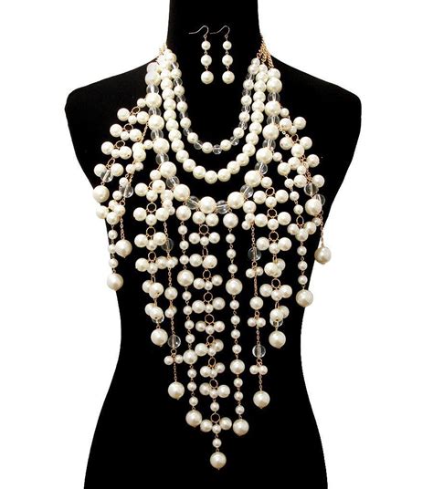 Big Faux Pearl Beaded Gold Statement Chunky Cream Necklace And Earrings Chunky