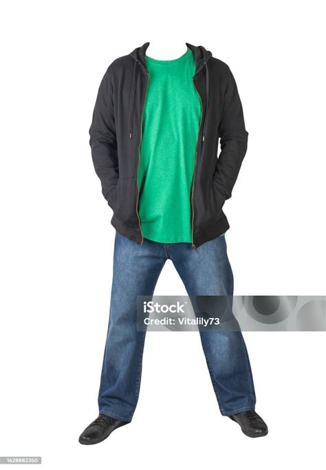 Dark Blue Jeans Tshirt Jacket And Black Leather Shoes Isolated On White