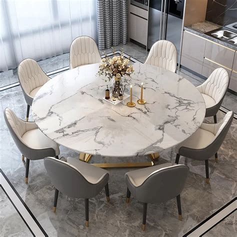 53" White Modern Round Faux Marble Dining Table with Stainless Steel Base | Homary | Dining ...