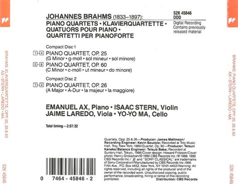 The Piano Quartets Opp De Johannes Brahms Emanuel Ax