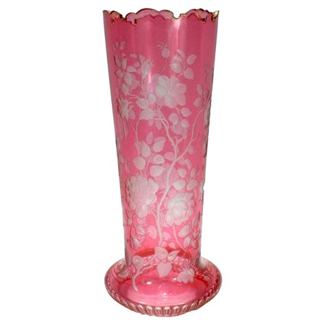 Bohemian Vase Cranberry Collard Crystal Cut To Clear Geometric Decoration For Sale At 1stdibs