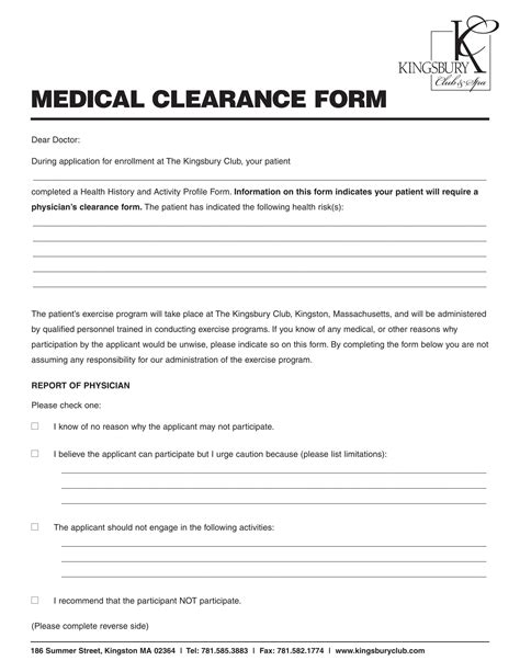 Free Printable Medical Clearance Form Printable Forms Free Online