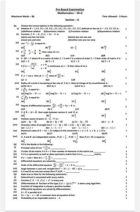 Pre Board Examination Mathematics −102 Maximum Marks 80 Time Allowed