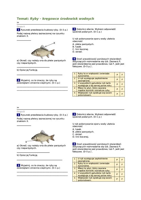 Ryby Kregowce Srodowisk Wodnych Kartkowka Kl 6 Notatki Biologia Docsity