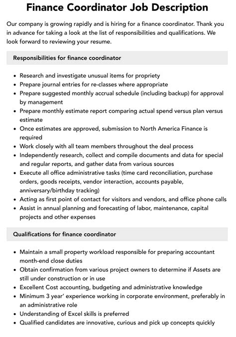 Finance Coordinator Job Description Velvet Jobs