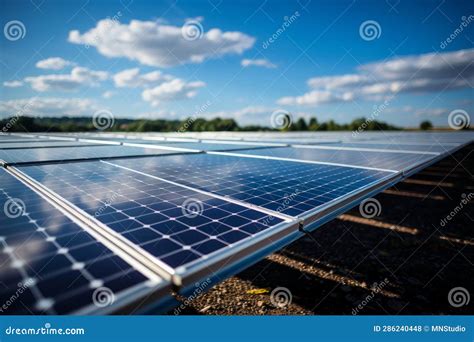 Solar Panels Under Blue Sky With White Clouds Solar Energy Producing