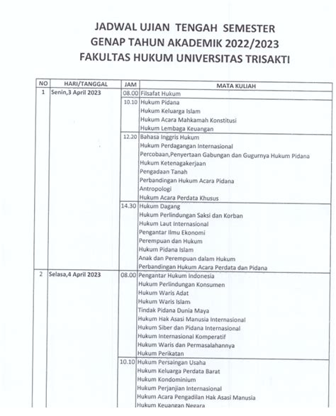 Jadwal Ujian Tengah Semester Genap Ta 20222023 Fakultas Hukum