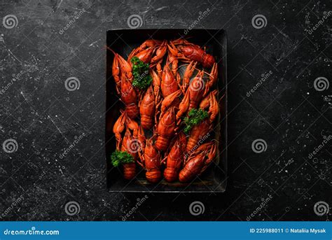 Boiled Red Crayfish With Spices And Herbs In A Metal Bowl Stock Image