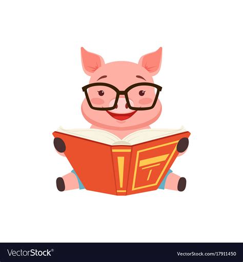 Cute smart pig sitting on the floor anf reading Vector Image