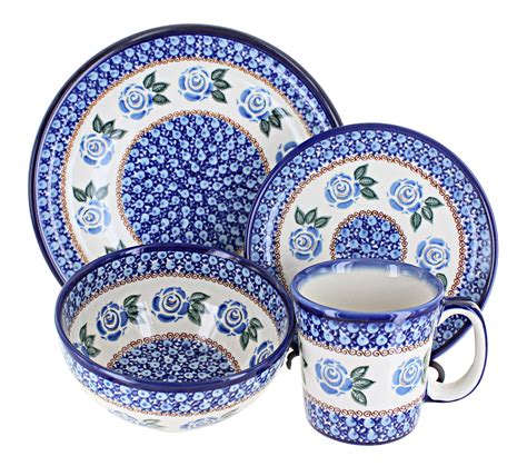 Blue Rose Polish Pottery Roses Are Blue 4 Piece Place Setting Service For 1