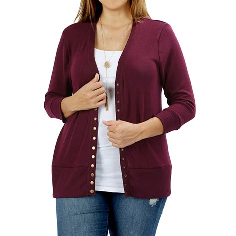 Thelovely Women Classic Thin Snap Button Front V Neck Button Down 3 4 Sleeve Ribbed Knit