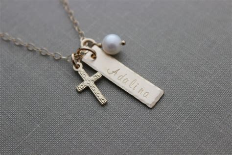 14k Gold Filled Cross Necklace Skinny Bar Name Charm Name Etsy