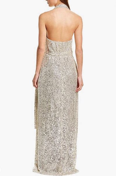 Halston Sequin Halter Neck Sleeveless Wrap Evening Gown Satori Boutique