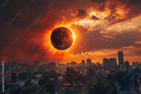 A Solar Eclipse Over A Cityscape Where The Moon Blocks Out The Sun