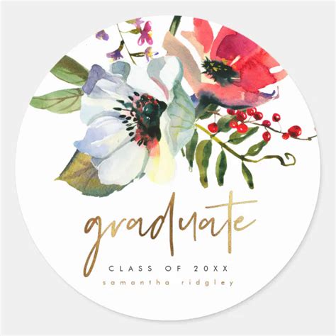 Faux Gold Graduate Typography And Name Floral Classic Round Sticker Zazzle