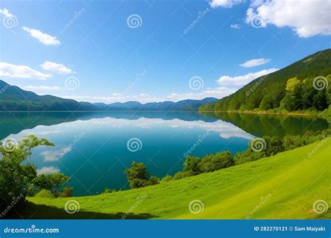 A Lake Side View Of The Water And Trees On Both Sides Generated By Ai Stock Illustration