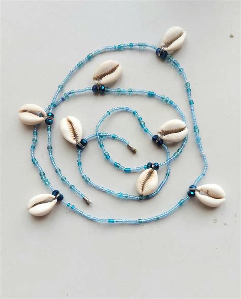 African Waist Beads Mixed Light Blue Glass Beads With Cowrie Shell