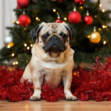 Premium AI Image | pug sitting under christmas tree