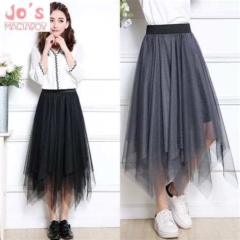 Korean Women Solid Irregular Mesh Long Skirts Office Lady High