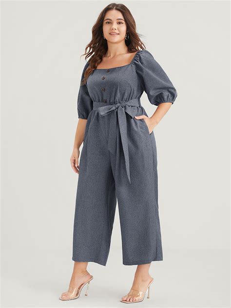 BloomChic Jumpsuits Plain Button Elastic Waist Belted Regular Jumpsuits