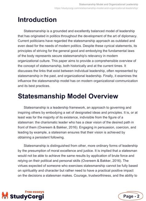 Statesmanship Model and Organizational Leadership | Free Essay Example