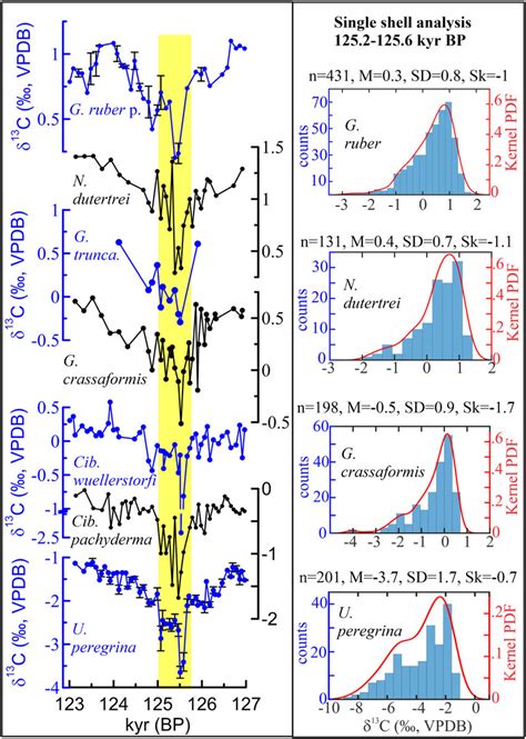 The δ 13 C analyses for pooled and single tests shells of benthic and