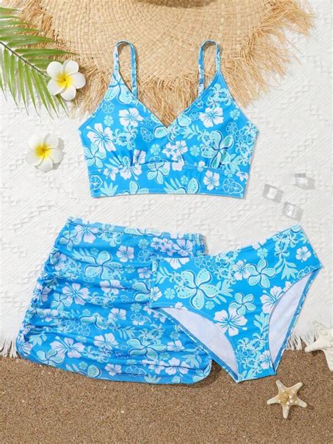 Tween Girl Floral Print Bikini Swimsuit With Beach Skirt Shein Usa