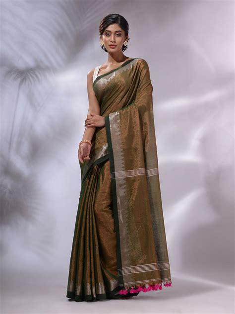 Moss Green Tissue Handwoven Saree With Zari Woven Temple Borders Charukriti