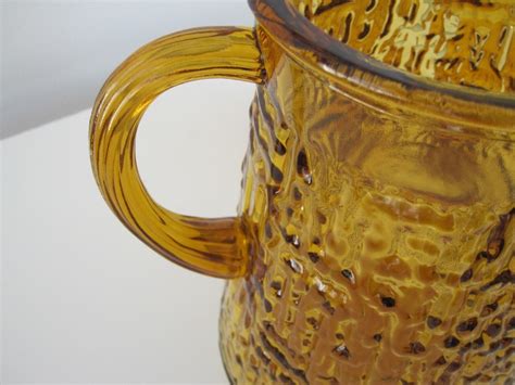 Vintage Glass Pitcher Glasses Amber Textured Tree Bark 1960 Etsy