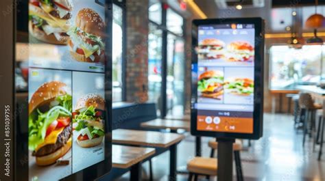 A Digital Menu Display Showcasing Photos Of Burgers In A Fast Food