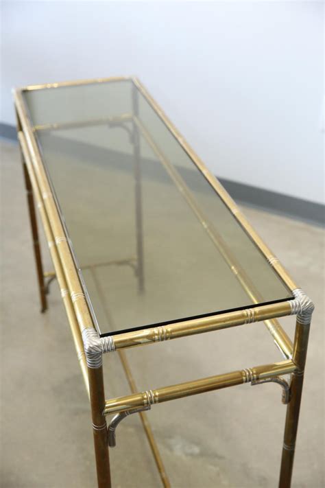 Hollywood Regency Style Faux Bamboo Brass Chrome And Smoked Glass Console Table At 1stdibs