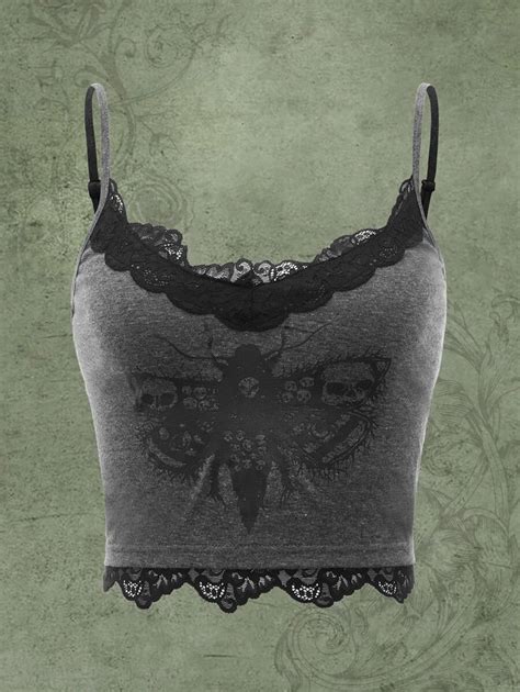 Romwe Goth Butterfly Skull Print Lace Trim Cami Top Shein Uk