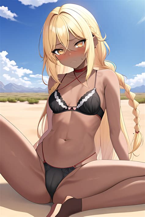 Anime Skinny Small Tits Age Sad Face Blonde Braided Hair Style Dark Skin Painting Desert Side