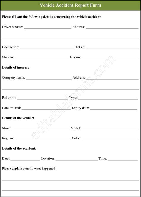 Vehicle Accident Report Form Editable Pdf Forms