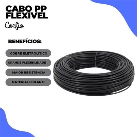 1 Metro Cabo PP Flexível 2x6mm 1KV Preto Corfio