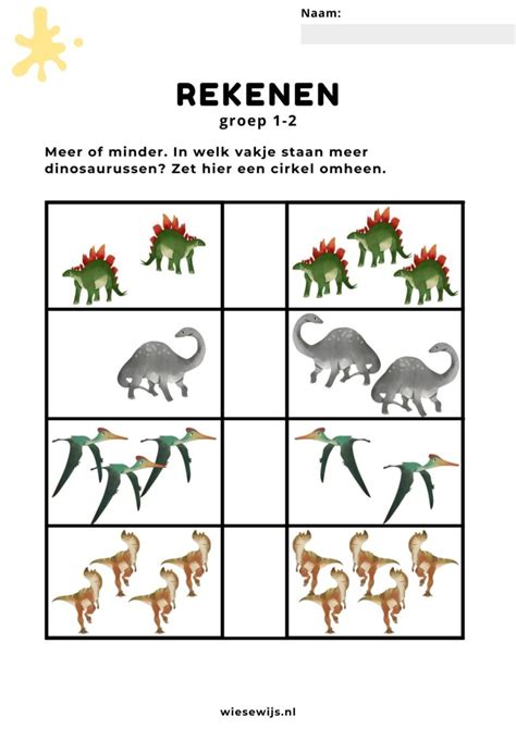 Werkblad Rekenen Groep Meer Of Minder Thema Dinosaurussen Wiesewijs