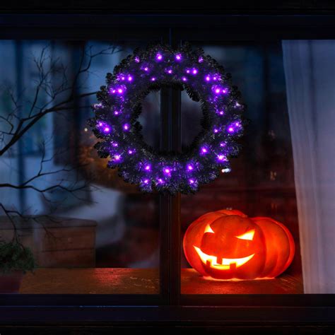 24 Inch Pre Lit Halloween Wreath With 35 Purple Led Lights Costway