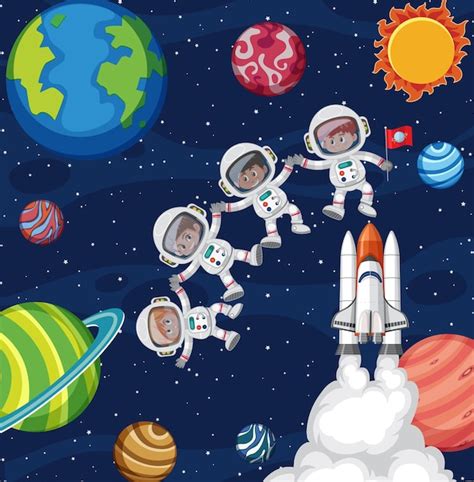 Fondo Del Espacio De Dibujos Animados Con Astronautas Vector Premium