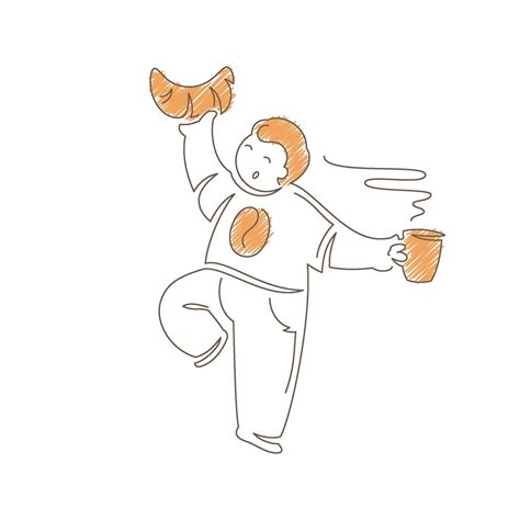Minimalist Line Art Man Dancing With Croissant And Steaming Coffee Cup ...