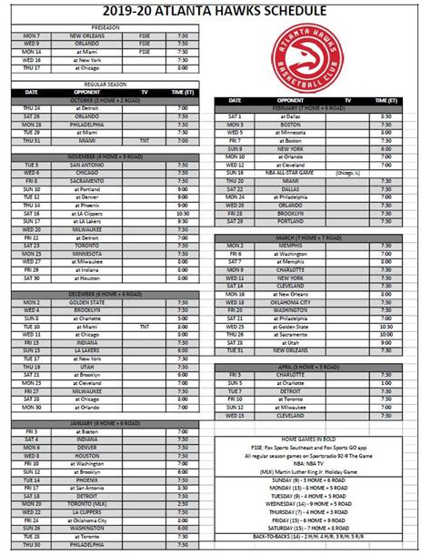 Atlanta Hawks Printable Schedule