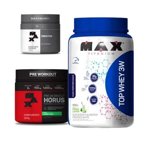 Kit Max Top Whey 3W Performance 900g Pré Treino Hórus 300g Creatine