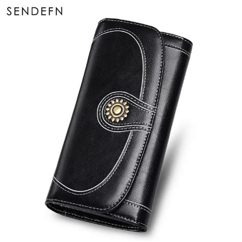 Sendefn Split Leather Long Wallet Brand Female Vintage Women Wallets