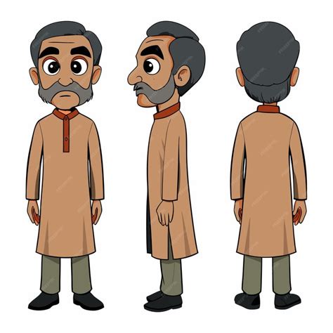 Asian Indian Pakistan Arab 2D Old Man Character Front View Side Back ...