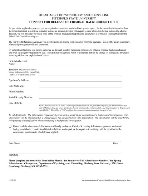 Fillable Online Pittstate Consent Form Pittsburg State University