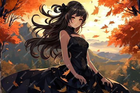 Premium Ai Image Anime Girl In A Black Dress With Leaves On The Bottom